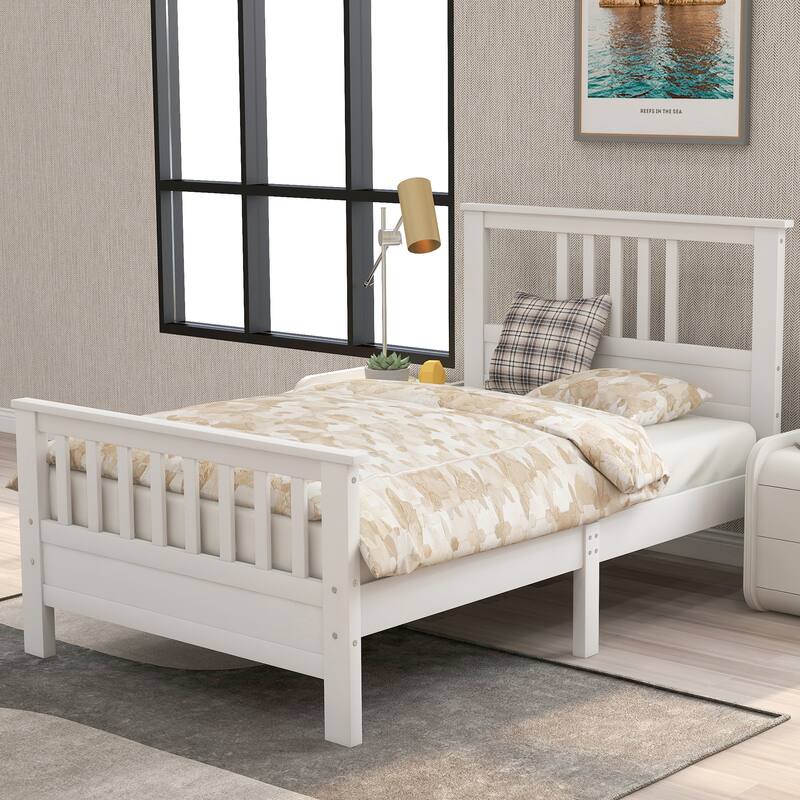 Twin Wood Platform Bed with Headboard and Footboard in White - White