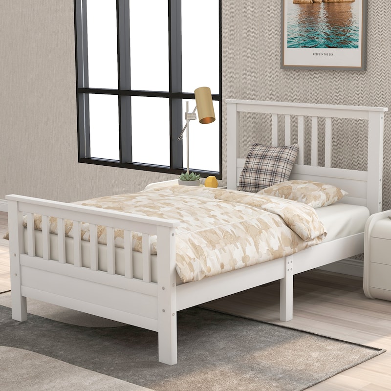 Wood Platform bed with Headboard and Footboard, Twin (White)