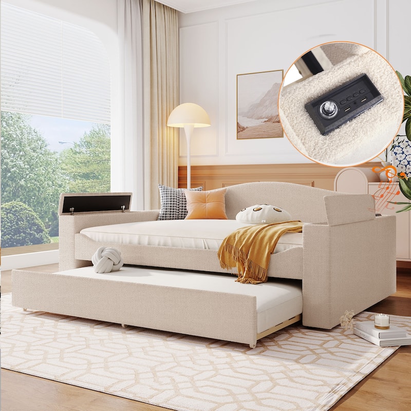Beige Full Size Upholstered Daybed with Storage Armrests,Trundle and Latest Integrated Bluetooth Audio System