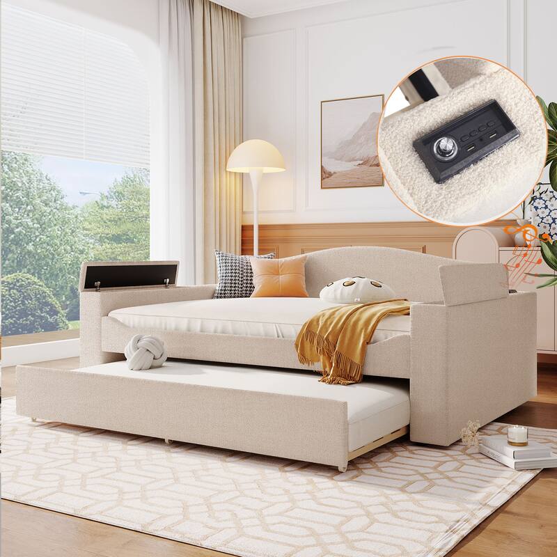 Upholstered Daybed with Storage Armrests,Trundle and Latest Integrated Bluetooth Audio System