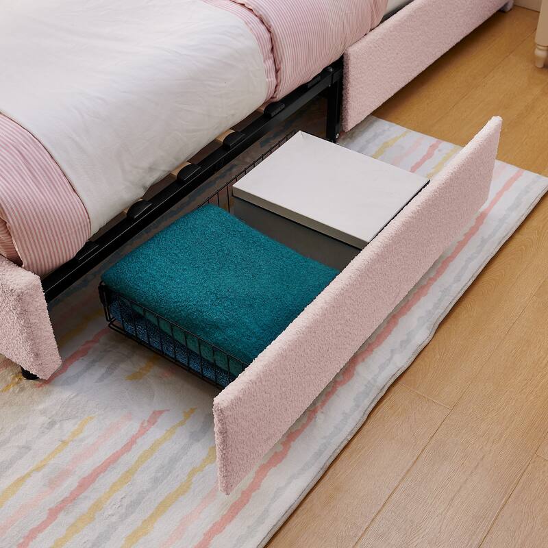 Queen Size Boucle Upholstered Bed with Rabbit Ear Headboard, LED Music Sync & 4 Drawers