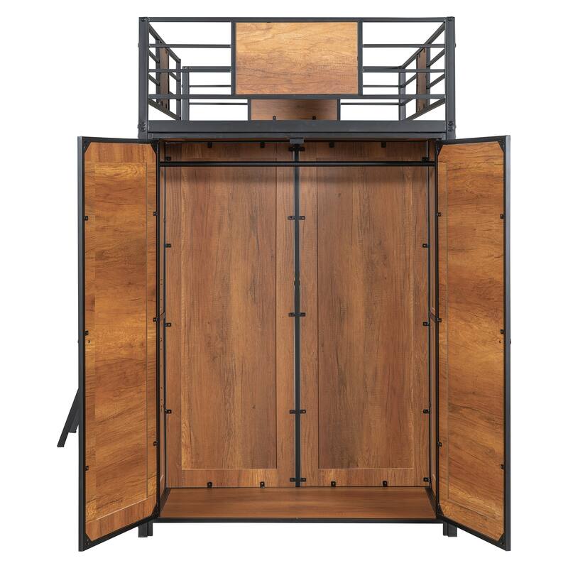 Modern Twin Loft Bed with Built-In L-Shape Desk and Large Wardrobe, Ideal for Compact Spaces