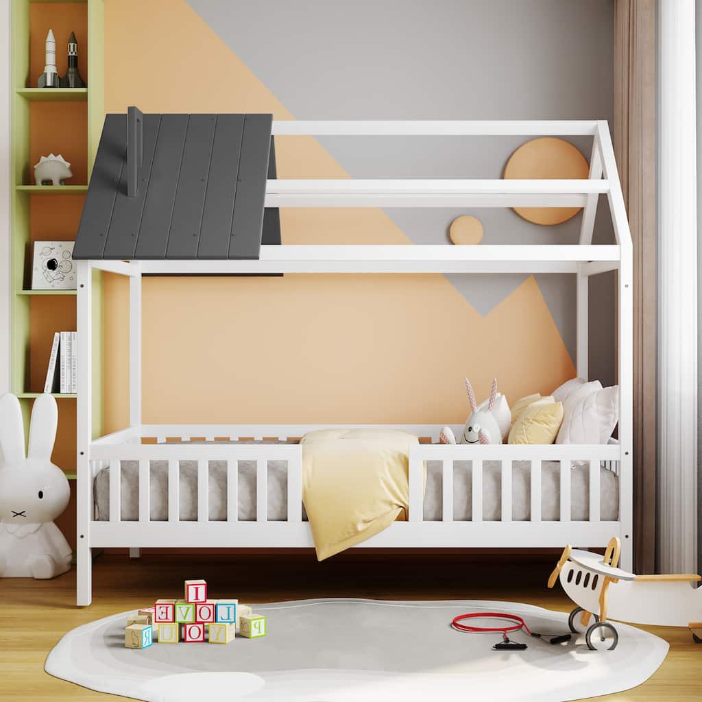 Platform Bed for Kids, Wooden House Shaped Bedframe with Fence & Roof