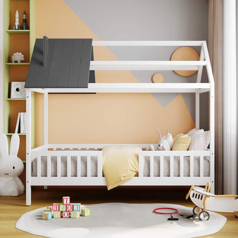 Twin Size House Bed with Fence, Semi-enclosed Play Platform Bed with Roof and Chimney Decoration, for Kids Bedroom