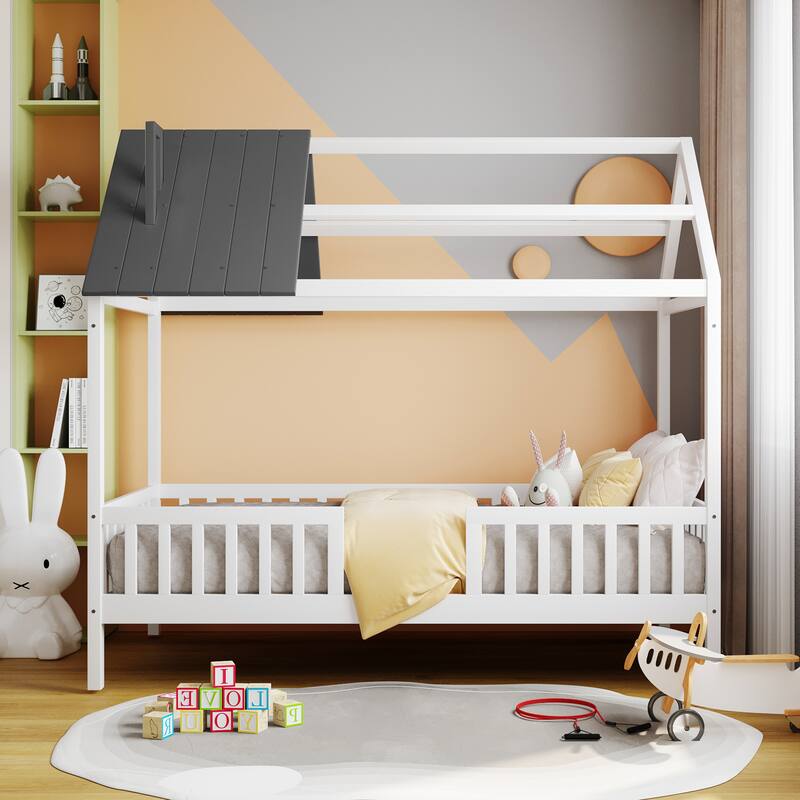 Twin Size White House Bed with Roof, Fence, and Sturdy Wood Frame - Grey White - Twin