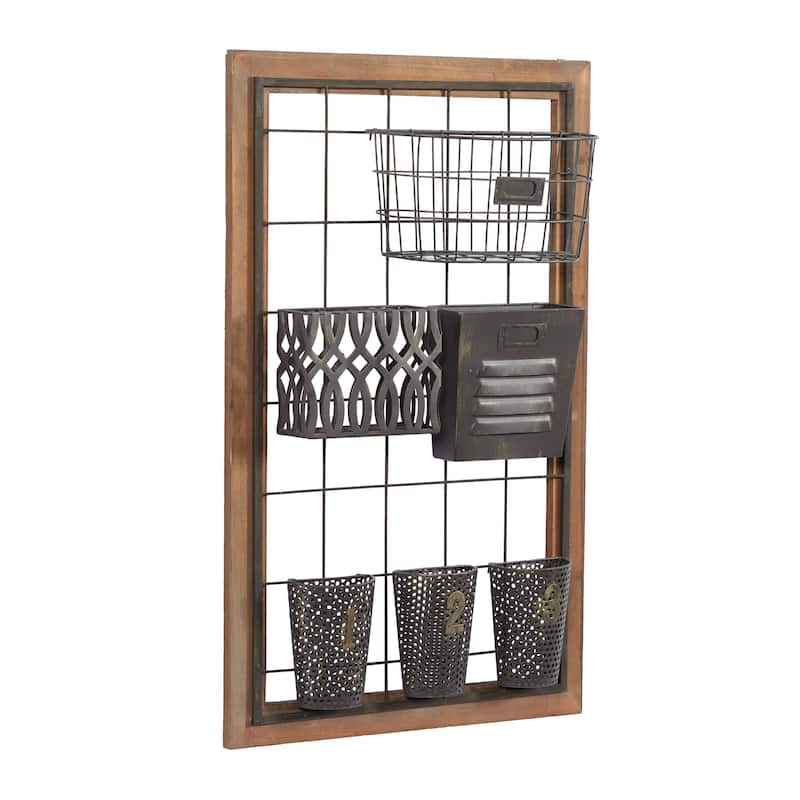 Brown Metal 1 Slot and 5 Baskets Magazine Rack Holder with Suspended Baskets and Label Slot