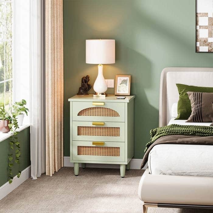 Retro Green 3 Drawer Nightstand with Rattan Accents and Gold Handles Modern Farmhouse Style