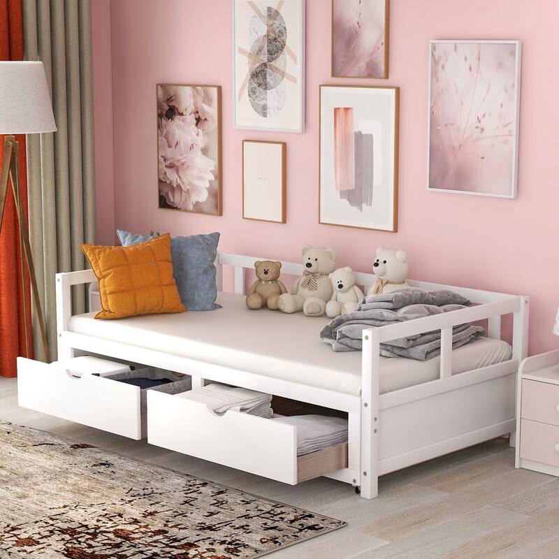Roomfitters Twin Extending Daybed with Trundle and 2 Storage Drawers, Expands to King Size - White