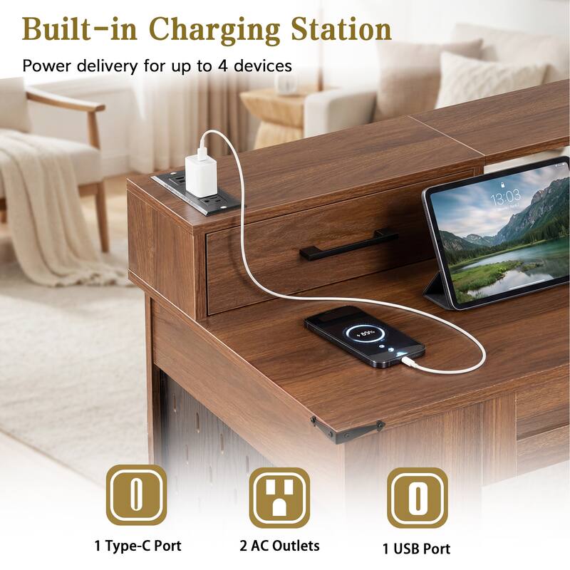 55 Inch Farmhouse Office Desk with Storage Cabinet and Charging Station, Barn Door Computer Desk with Monitor Stand