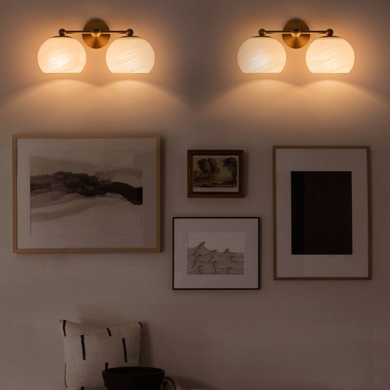 2-Light Gold Double-Globe Wall Sconce Cloud-Pattern Glass Shades
