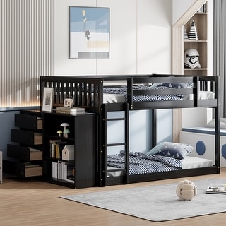Full Over Full Bunk Bed with Storage Drawers and Shelves, Solid Wood ...