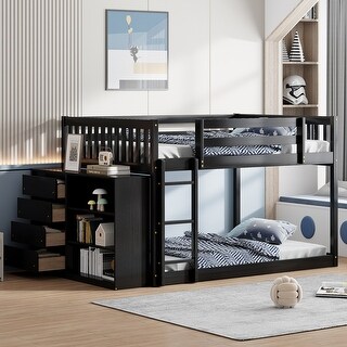 Full over Full Bunk Bed with 4 Drawers and 3 Shelves-Espresso