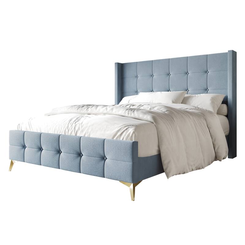 CraftPorch Luxurious Square Button-Tufted Wingback Velvet Upholstered Bed - Light Blue - Full