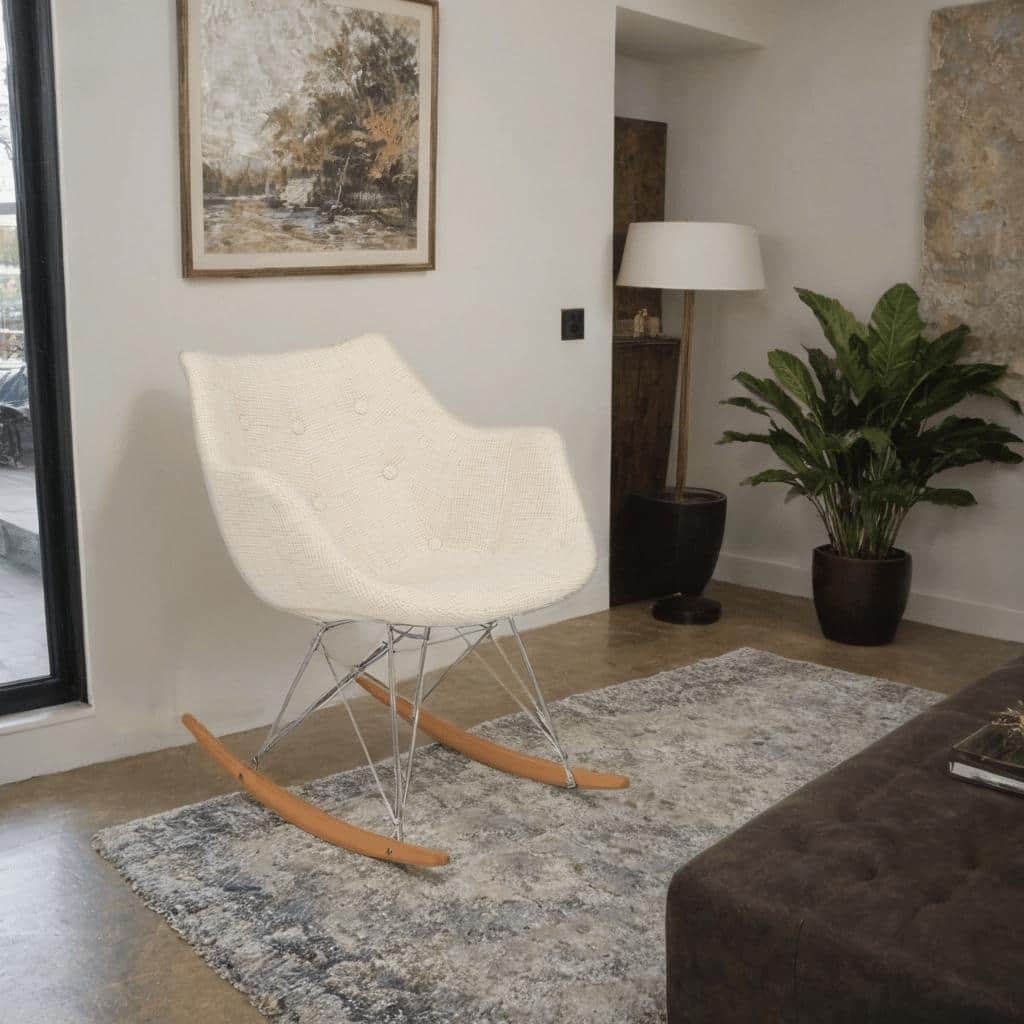 Willow Modern Polyester Upholstered Rocking Chair with Solid Wood Base and Eiffel Metal Frame for Home Living Room or Bedroom
