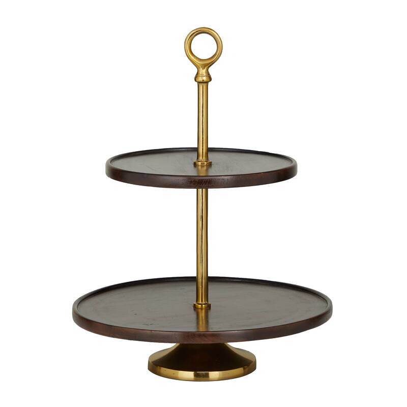 Dark Brown Mango Wood Tiered Server with Aluminum Bases or Gold Stand - 2 Tier or 3 Tier