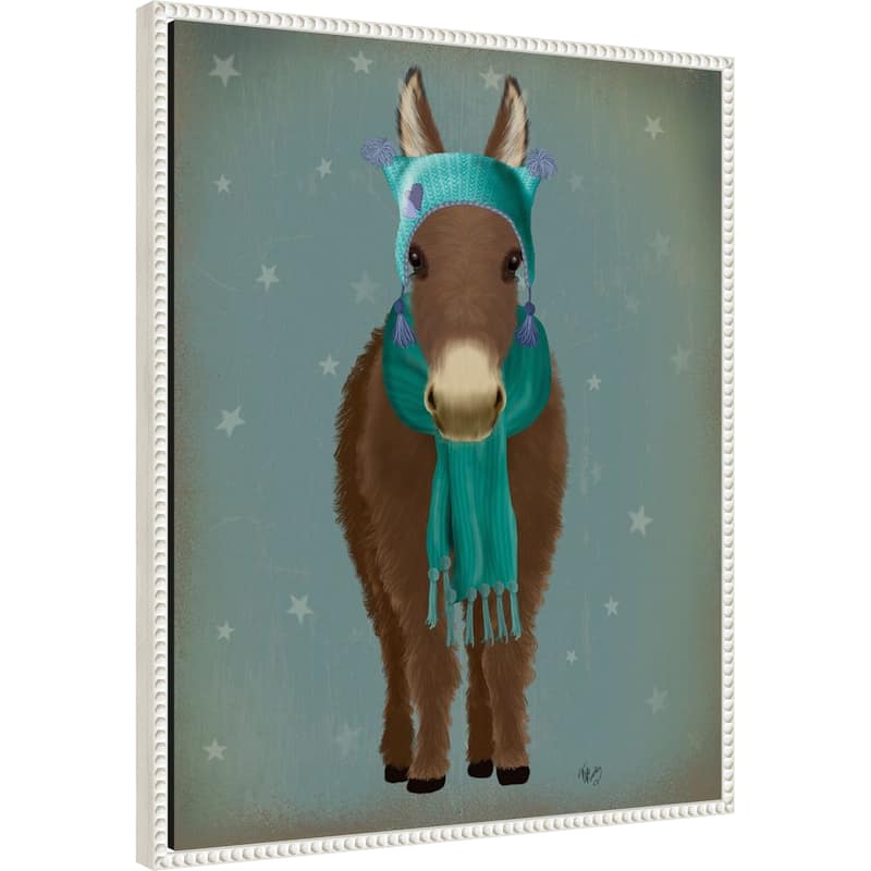 Donkey Blue Hat and Scarf by Fab Funky (23 x 28 in.), Framed Canvas Wall Art Print - Sylvie Beaded White