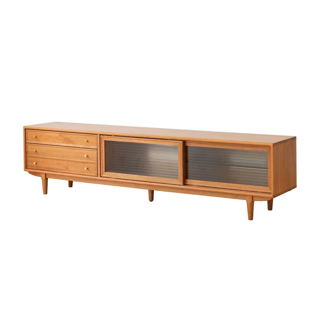 Modern TV Stand Solid Cherry Wood TV Stand with Changhong Glass Doors, 2 Drawers and Storage Space, for Living Rooms