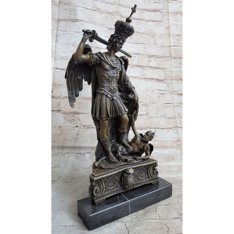Saint Michael Archangel Slaying Lucifer Devil Religious Art Bronze Sculpture Statue Decor