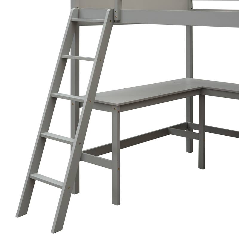 Full Pine Loft Bed with Desk, Shelves, and Guardrails