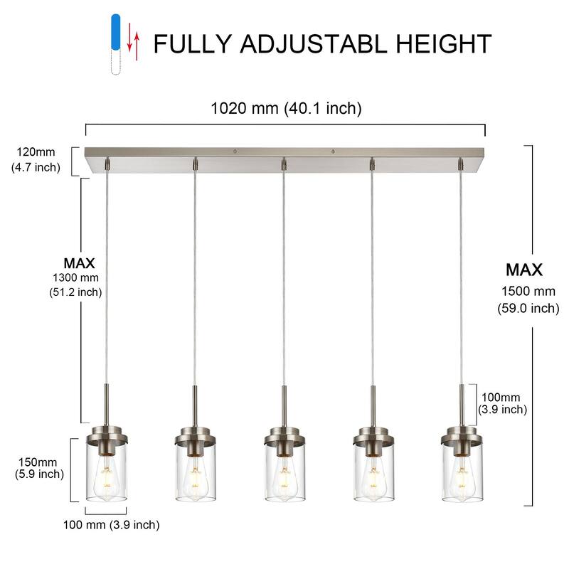5 Lights Kitchen Island Lighting Linear Chandeliers, Industrial Pendant Light Fixtures Ceiling Hanging with Clear Glass Shade