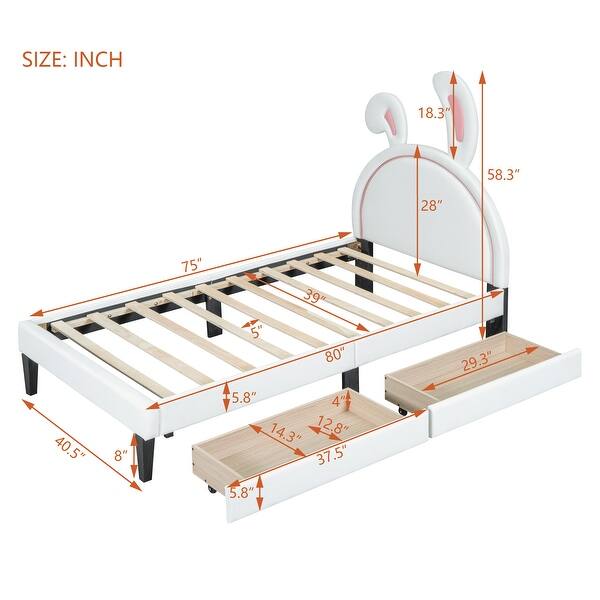 dimension image slide 1 of 2, Twin Upholstered Leather Platform Bed with Rabbit Ornament Headboard & 2 Drawers Wooden Platform Bed for Kids Girls/Boys