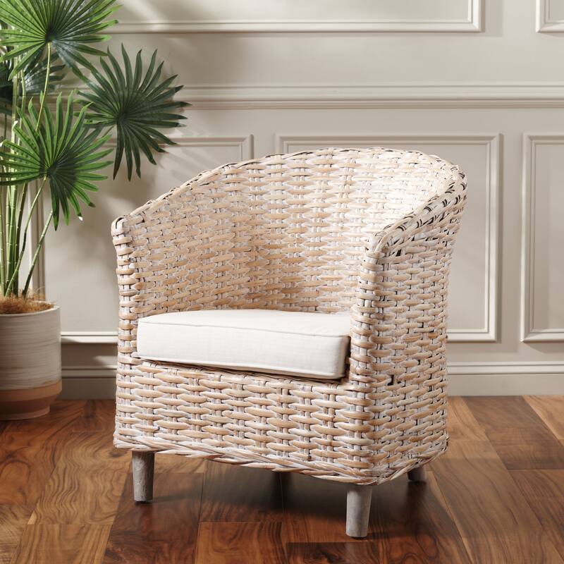 SAFAVIEH Charla Rattan Barrel Chair with Cushion - 29.1" x 27.2" x 32.7" - 29Wx27Dx33H