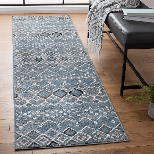 SAFAVIEH Amsterdam Bridget Moroccan Boho Rug - 2'3" x 16' Runner - Blue/Ivory