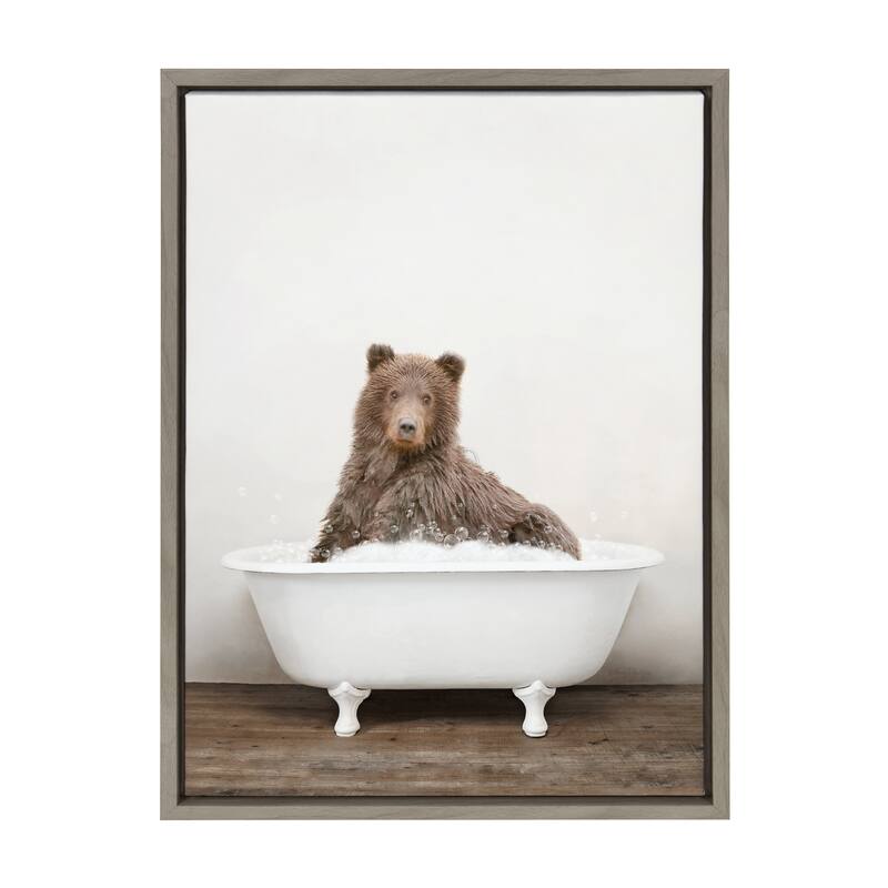 Kate and Laurel Bear Rustic Bubble Bath Framed Canvas by Amy Peterson