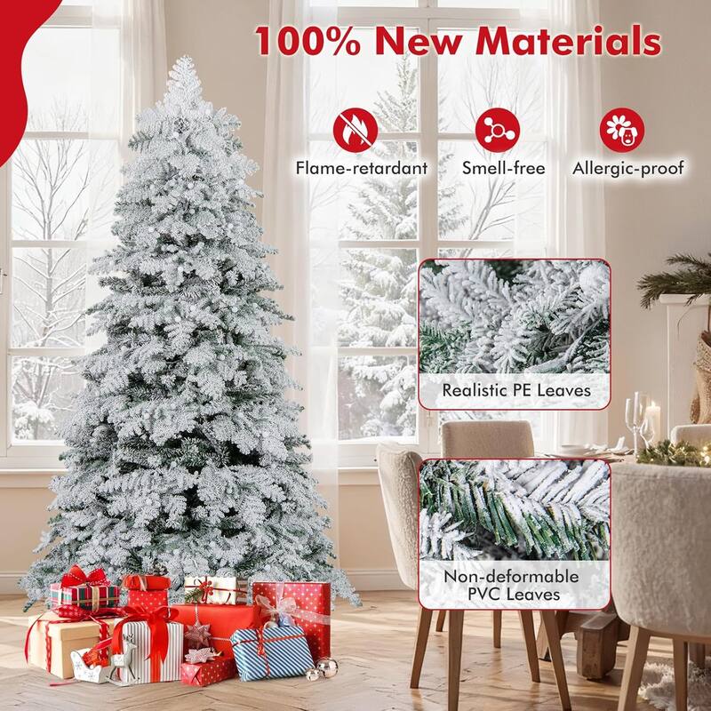 6/7 FT Pre-lit Artificial Christmas Tree Snow Flocked Hinged Xmas Tree