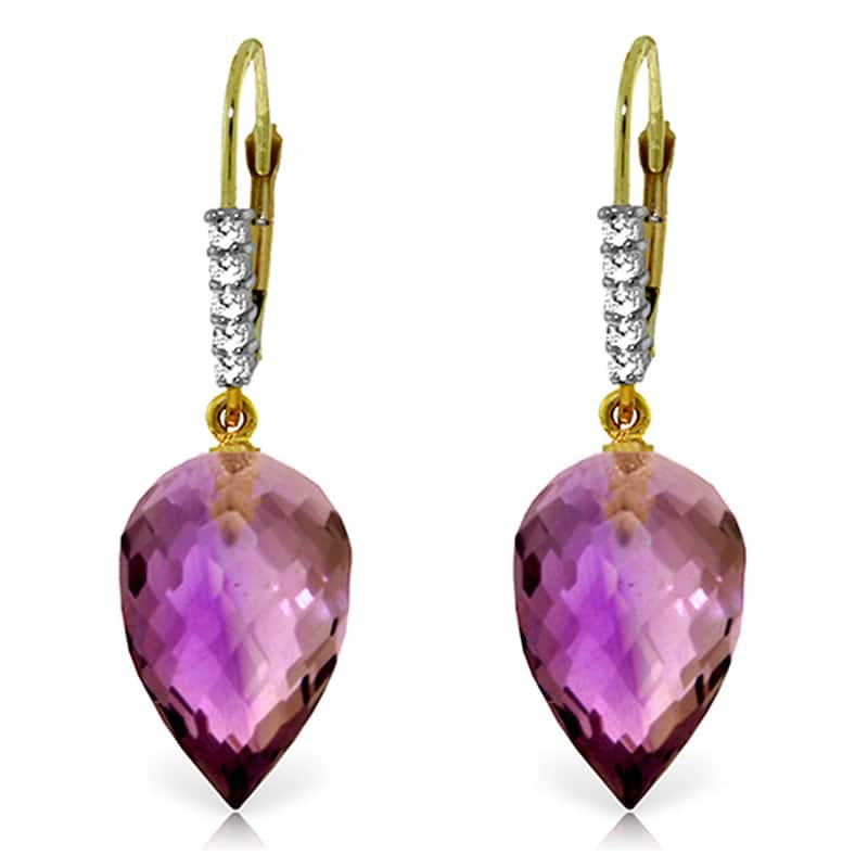 19.15 Carat 14K Solid Gold Drop Briolette Amethyst Diamond Earrings - Yellow