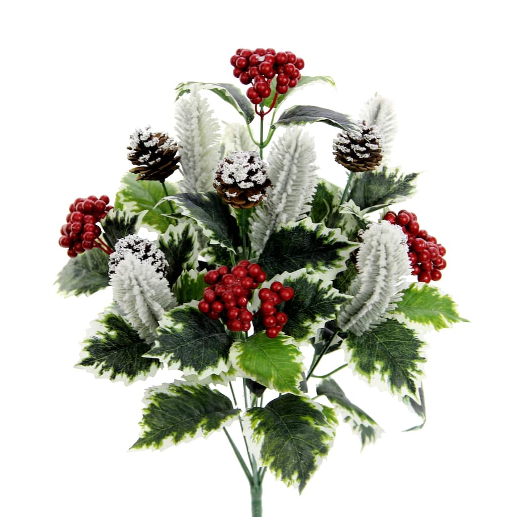 Faux Holly Leaves Berries Pinecone Snow Christmas Bush
