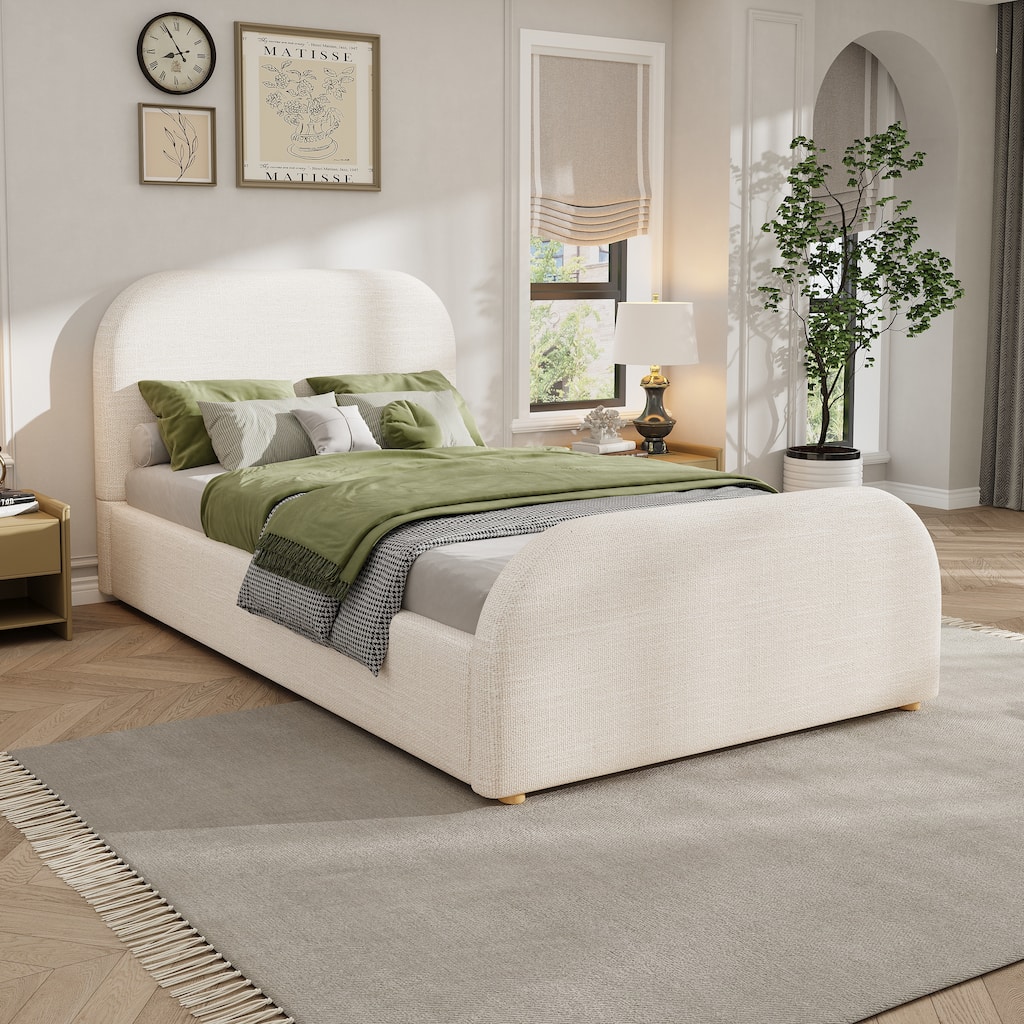 Beige Linen Upholstered Bed Curved Headboard Wingback Frame Low Profile Platform Bed