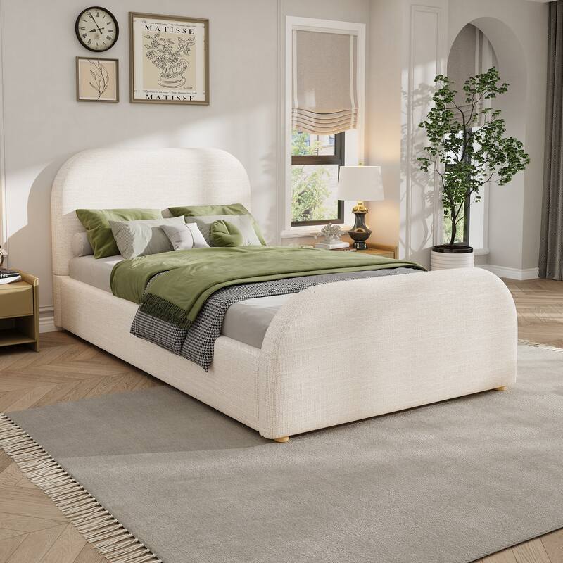 King/Queen/Twin Bed Frame with Linen Curved Headboard & Solid Wood Legs - Beige - Twin