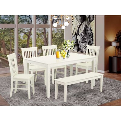 HomeStock 6-Piece Rectangle Linen White Finish Solid Wood Top Dining Table with 1 Bench, 4 Chairs with Lattice Back