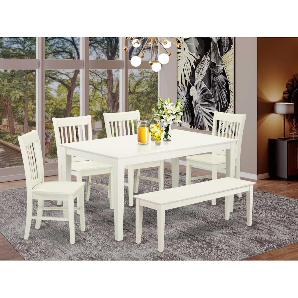 HomeStock 6-Piece Rectangle Linen White Finish Solid Wood Top Dining Table with 1 Bench, 4 Chairs with Lattice Back