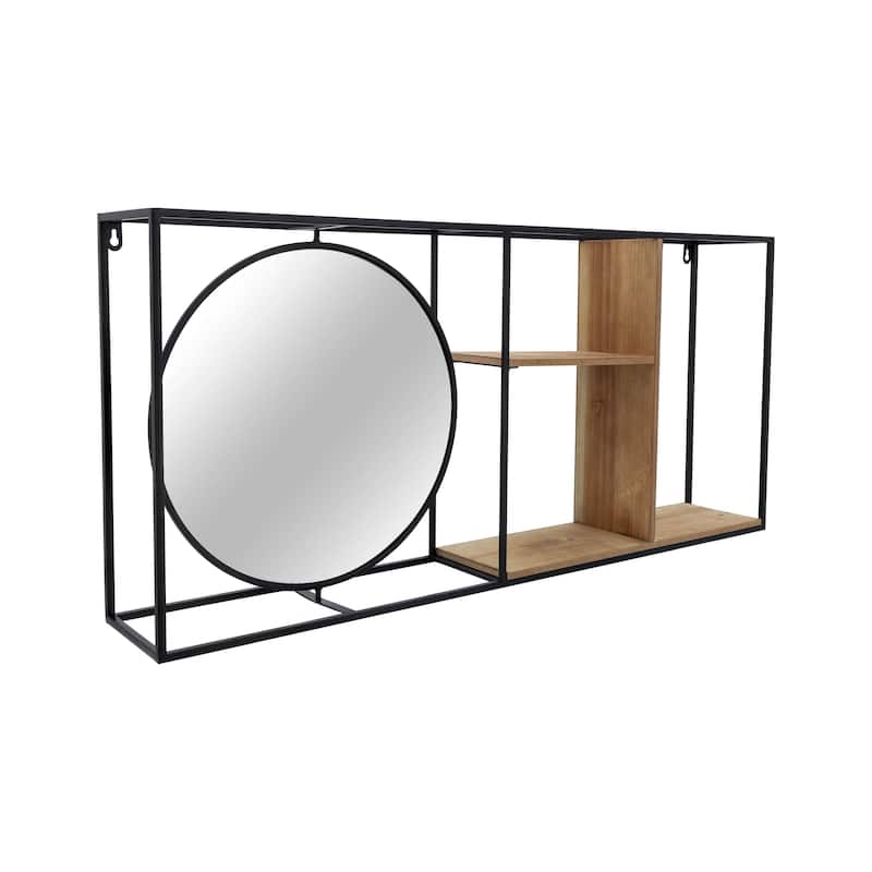 34" Wall Shelf with Mirror Contemporary Farmhouse Rustic Mounted Metal Shelf in Black/Brown with Mirror for Bathroom,