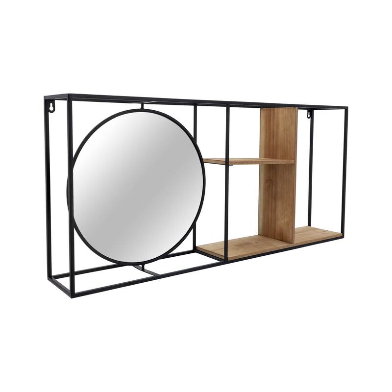 Wall Mount Shelf - Black Metal Brown Wood with Mirror - 34.0"