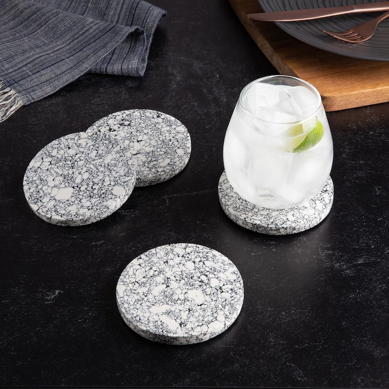 4 Pack Black Grey & White Round Resin Coasters 4.75" Round Heat Tolerant Protects Surfaces Easily Wipes Clean
