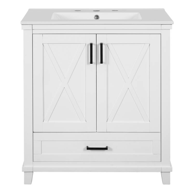 30-inch Bathroom Vanity with Single Sink, Solid Wood Frame + MDF, 2 Soft-Close Doors, 1 Divided Drawer, Dual Storage Shelves