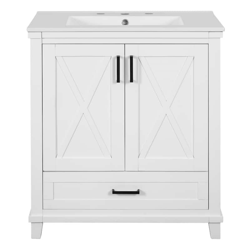 GDFStudio - Celia Wood Bathroom Vanity with Ceramic Sink, 2 Doors, Divided Drawer & Storage Shelves