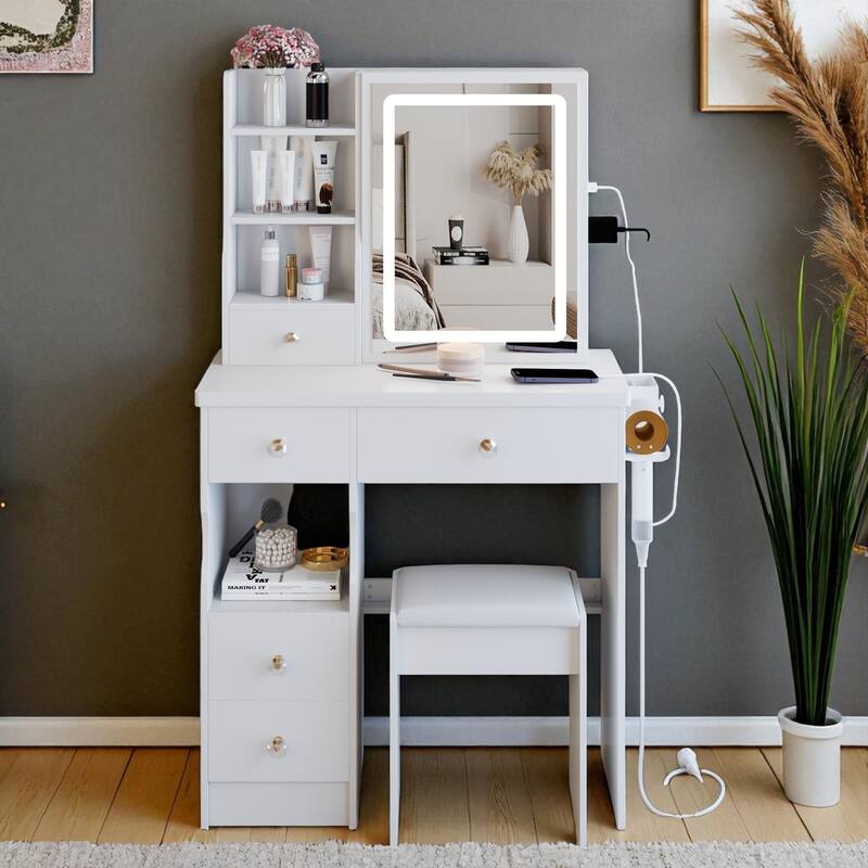 Small Vanity Desk with LED Sliding Mirror, Power Station, Hair Dryer Holder and Stool for Compact Spaces - White