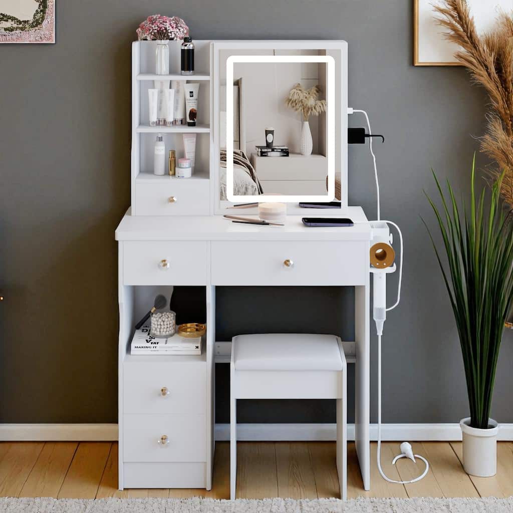 Small Vanity Desk with LED Sliding Mirror, Power Station, Hair Dryer Holder and Stool for Compact Spaces