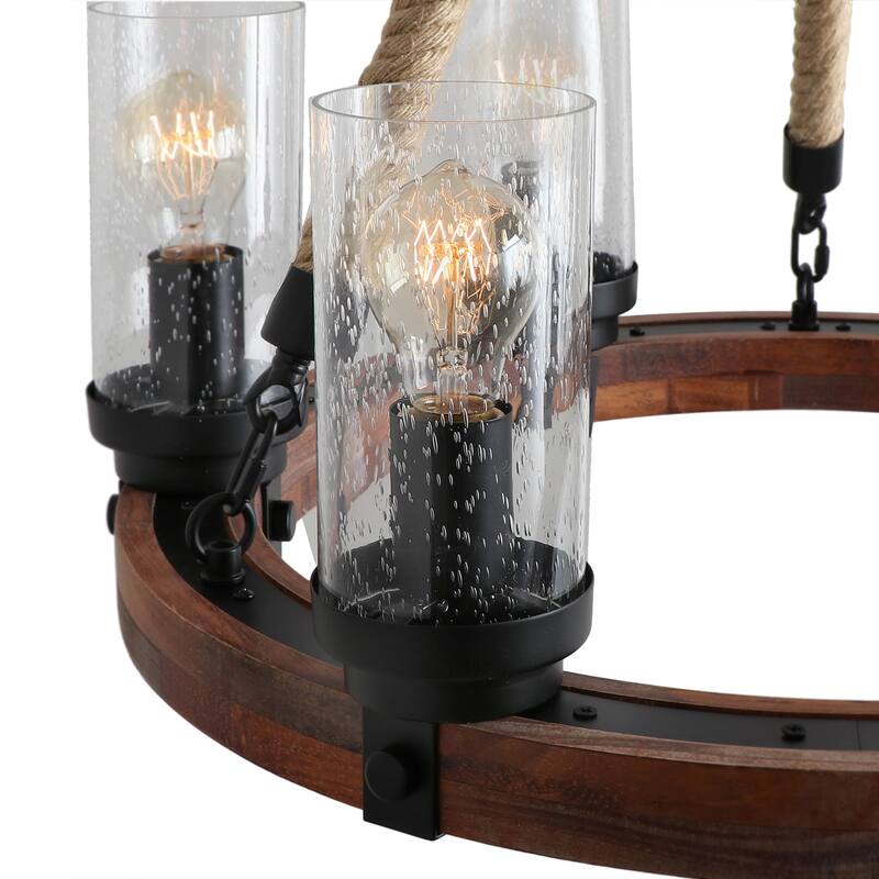 Anmytek Modern Farmhouse 6-Light Round Wood Chandelier Wagon Wheel Pendant Lights With Seeded Glass