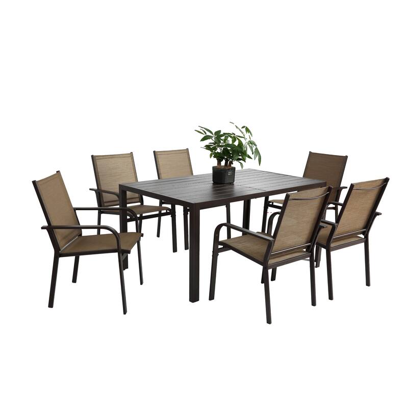 7-Piece Outdoor Patio Steel Dining Set with 59" Rectangular Table and 6 Textilene Stackable Chairs
