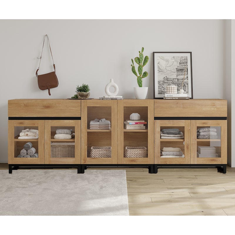 WAMPAT Dresser with Glass Doors, 3 in 1 Modern Chest of Drawers with Adjustable Shelves and 2 Drawers for Bedroom - Oak - 2-drawer