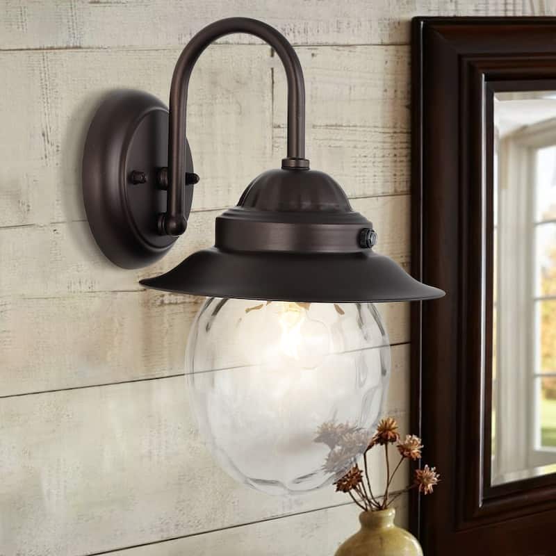 Manteo 8.25" 1-Light Farmhouse Industrial Iron/Glass Outdoor LED Sconce, Oil Rubbed Bronze/Clear by JONATHAN Y