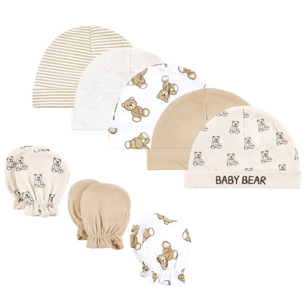 slide 1 of 1, Hudson Baby Cotton Cap and Scratch Mitten Set, Teddy Bears, 0-6 Months - Teddy Bears 0-6 Months - Teddy Bears