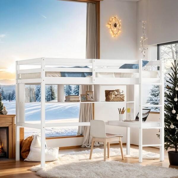 slide 2 of 12, Twin Loft Bed with built-in desk and bookcase, White White