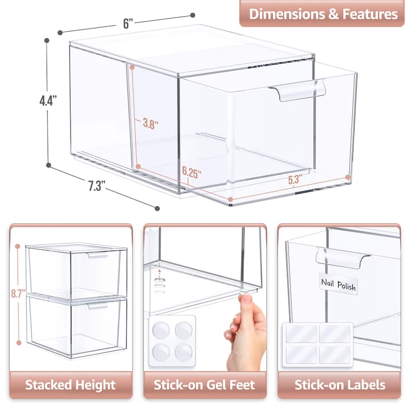 Sorbus Acrylic Cosmetic Vanity Makeup Organizer Drawer 2 Pack Clear Stackable Bathroom Undersink Cabinets Jewelry Office Storage