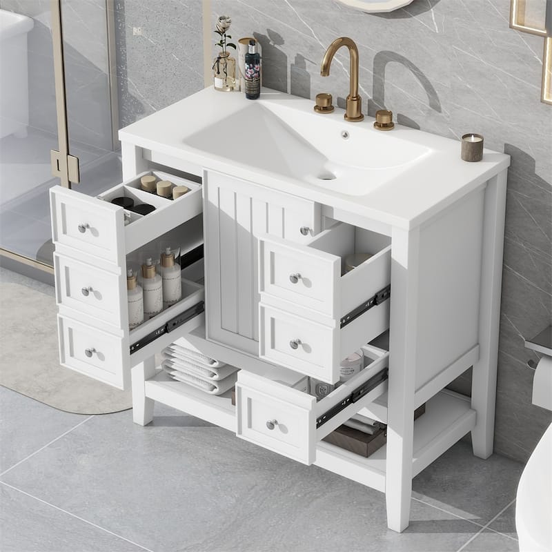 36" Bathroom Storage Wood Vanity Cabinet with Ceramic Sink and Shelf - White